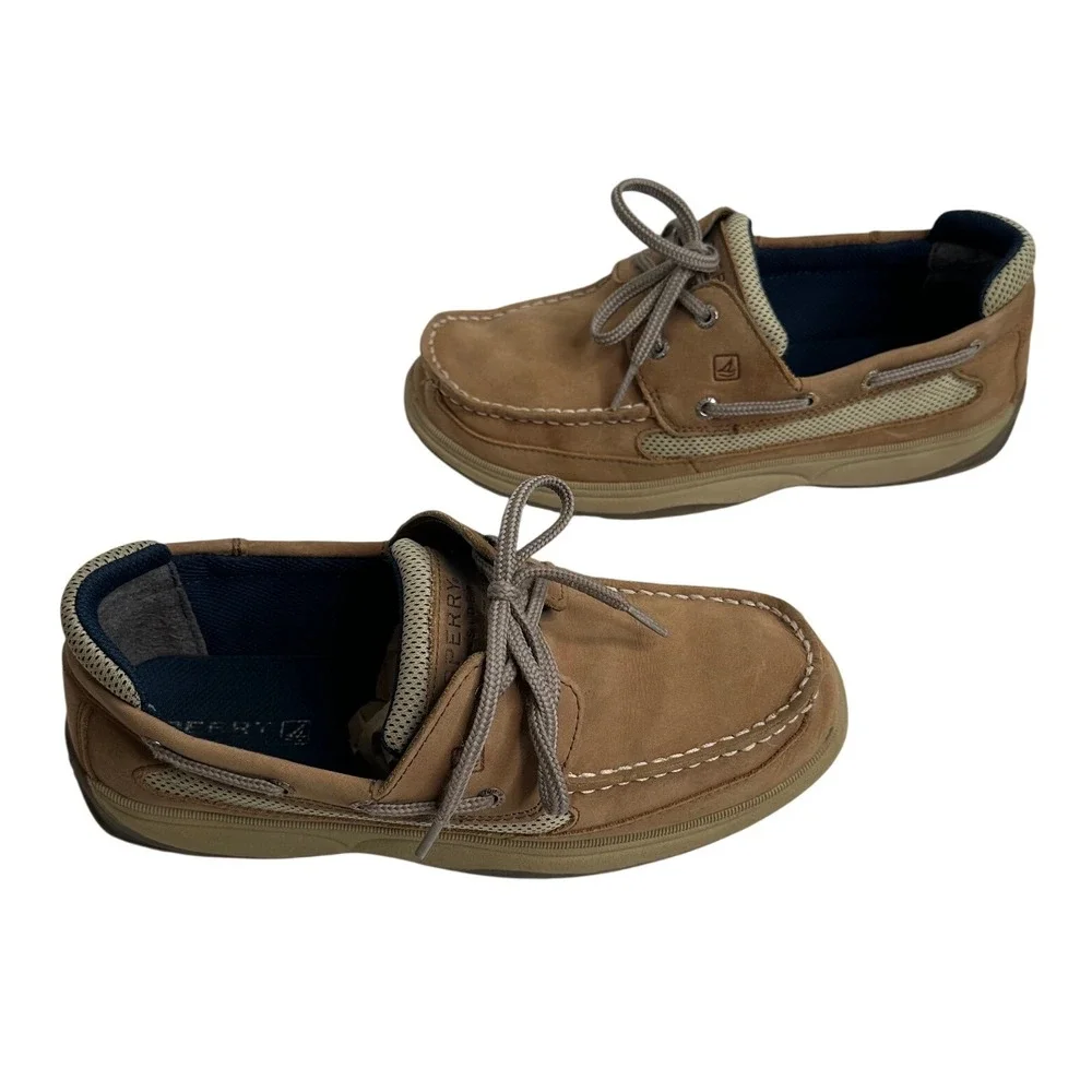 Sperry YB46122A Kids' Size 7 Dark Tan/Navy Leather Lanyard Boat Shoes Church